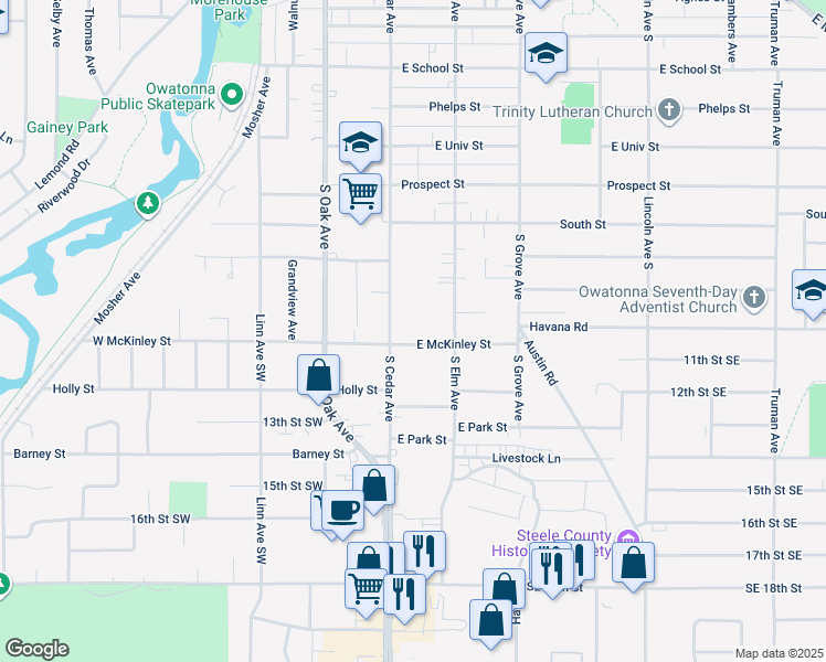 map of restaurants, bars, coffee shops, grocery stores, and more near 122 East McKinley Street in Owatonna