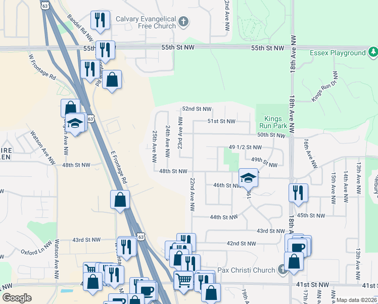 map of restaurants, bars, coffee shops, grocery stores, and more near 4905 22nd Avenue Northwest in Rochester