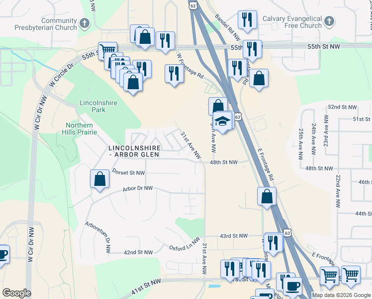 map of restaurants, bars, coffee shops, grocery stores, and more near 3222 49th Street Northwest in Rochester