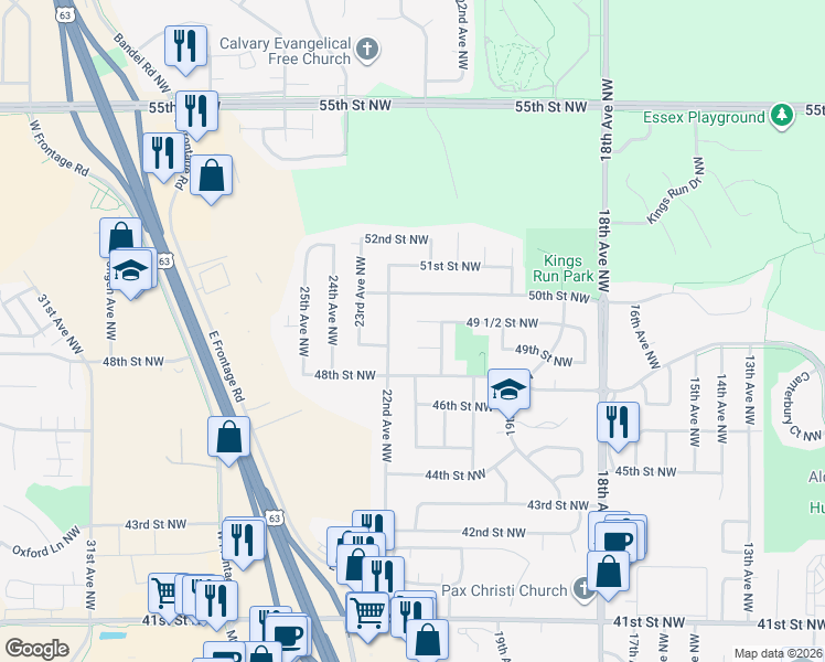 map of restaurants, bars, coffee shops, grocery stores, and more near 2115 49th Lane Northwest in Rochester