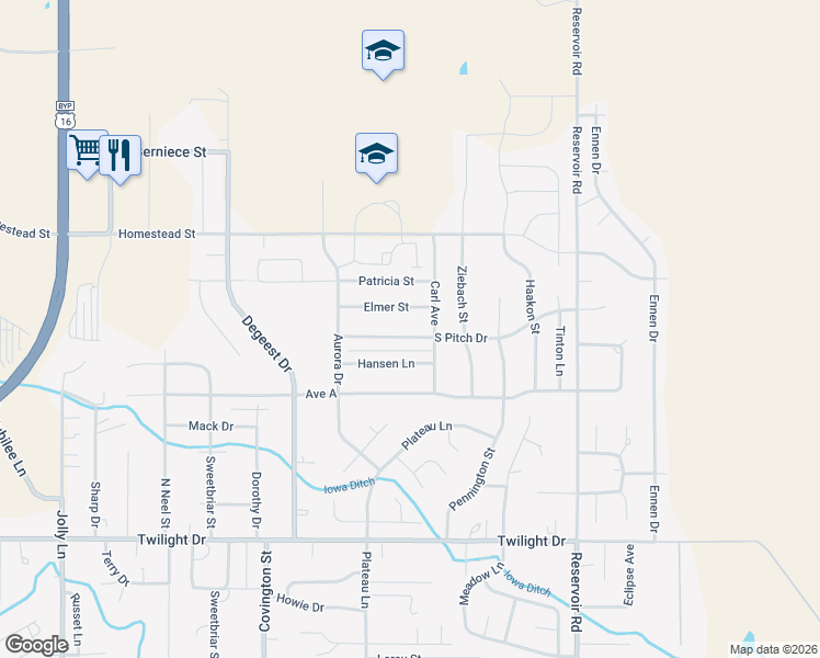 map of restaurants, bars, coffee shops, grocery stores, and more near 5010 South Pitch Drive in Rapid City