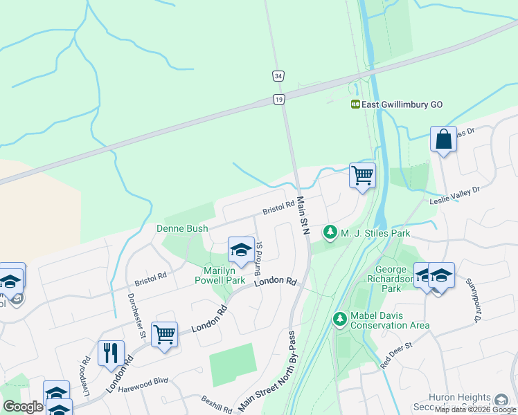map of restaurants, bars, coffee shops, grocery stores, and more near 495 Bristol Road in Newmarket
