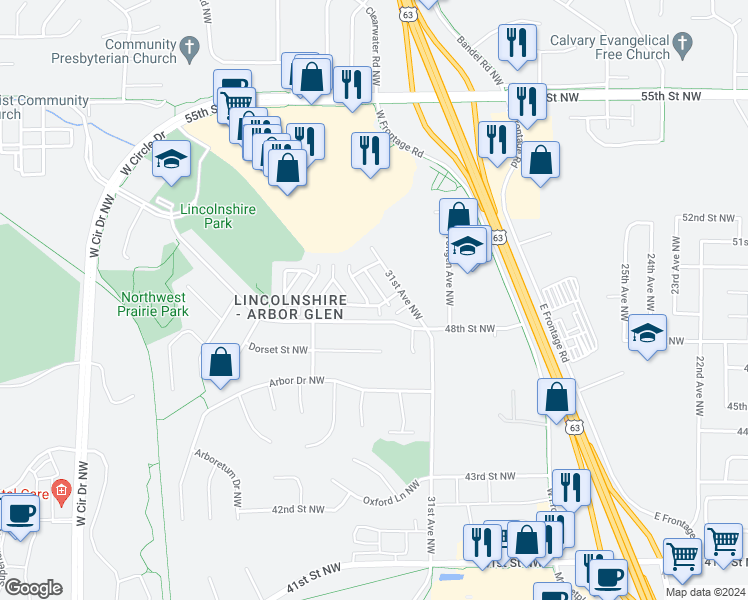 map of restaurants, bars, coffee shops, grocery stores, and more near 4904 33rd Avenue Northwest in Rochester