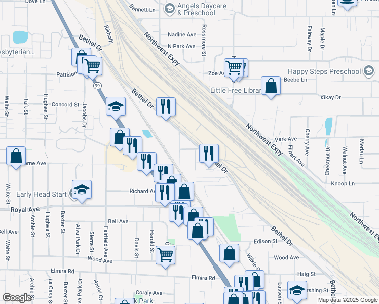 map of restaurants, bars, coffee shops, grocery stores, and more near 1055 Madera Street in Eugene