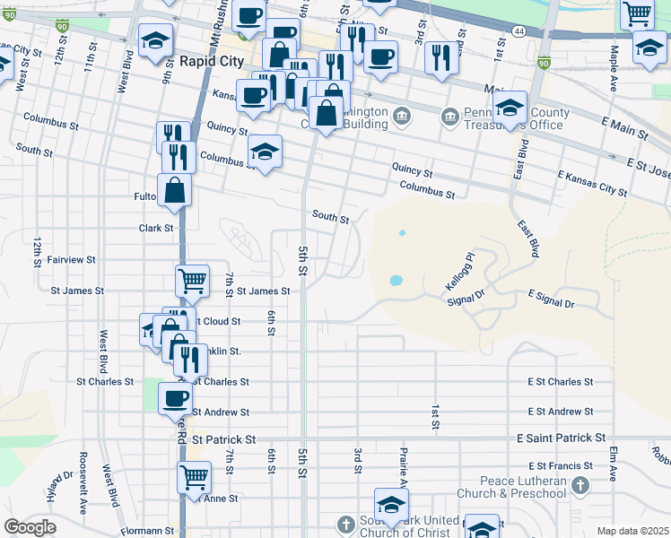 map of restaurants, bars, coffee shops, grocery stores, and more near 1320 4th Street in Rapid City
