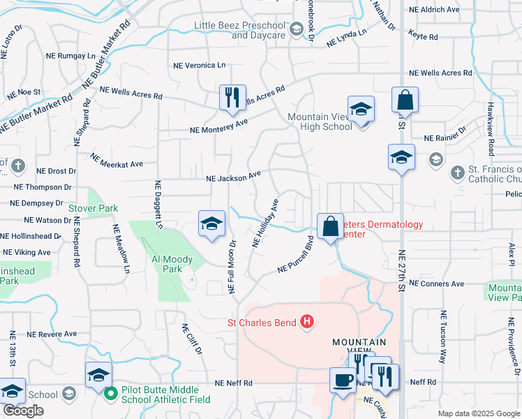 map of restaurants, bars, coffee shops, grocery stores, and more near 2305 Northeast Holliday Avenue in Bend