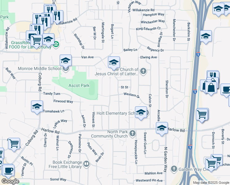 map of restaurants, bars, coffee shops, grocery stores, and more near 990 North Van Duyn Street in Eugene
