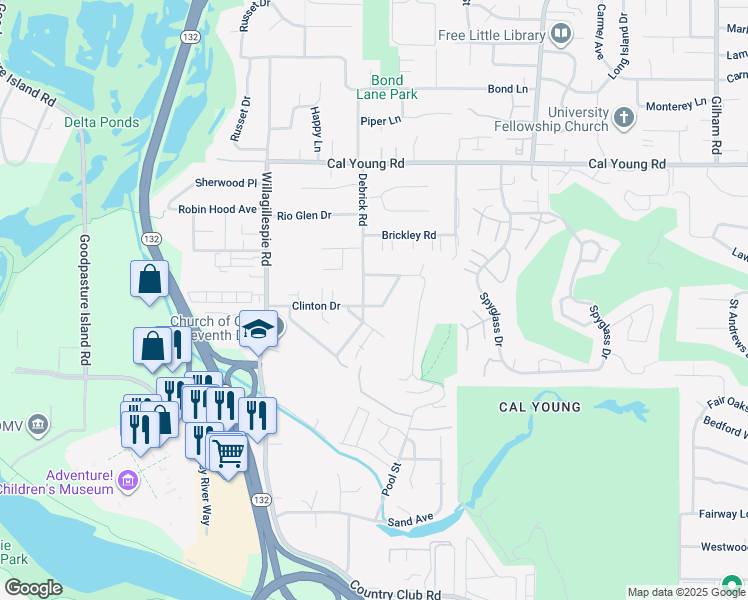 map of restaurants, bars, coffee shops, grocery stores, and more near 1185 Debrick Road in Eugene