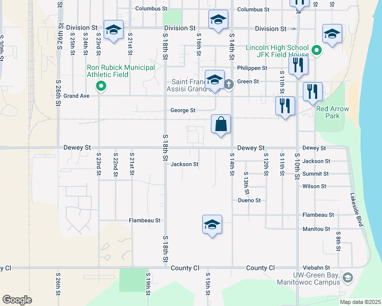 map of restaurants, bars, coffee shops, grocery stores, and more near 2119 South 16th Street in Manitowoc