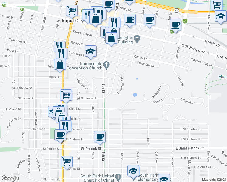 map of restaurants, bars, coffee shops, grocery stores, and more near 1306 4th Street in Rapid City