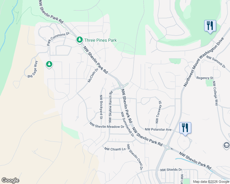 map of restaurants, bars, coffee shops, grocery stores, and more near 2572 Northwest Skyline Ranch Road in Bend