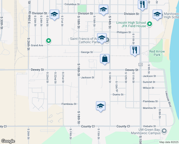 map of restaurants, bars, coffee shops, grocery stores, and more near 1700 Jackson Street in Manitowoc