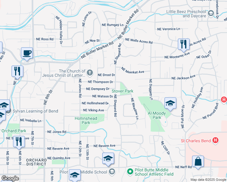 map of restaurants, bars, coffee shops, grocery stores, and more near 1354 Northeast Watson Drive in Bend