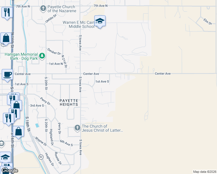 map of restaurants, bars, coffee shops, grocery stores, and more near 2505 2nd Avenue South in Payette