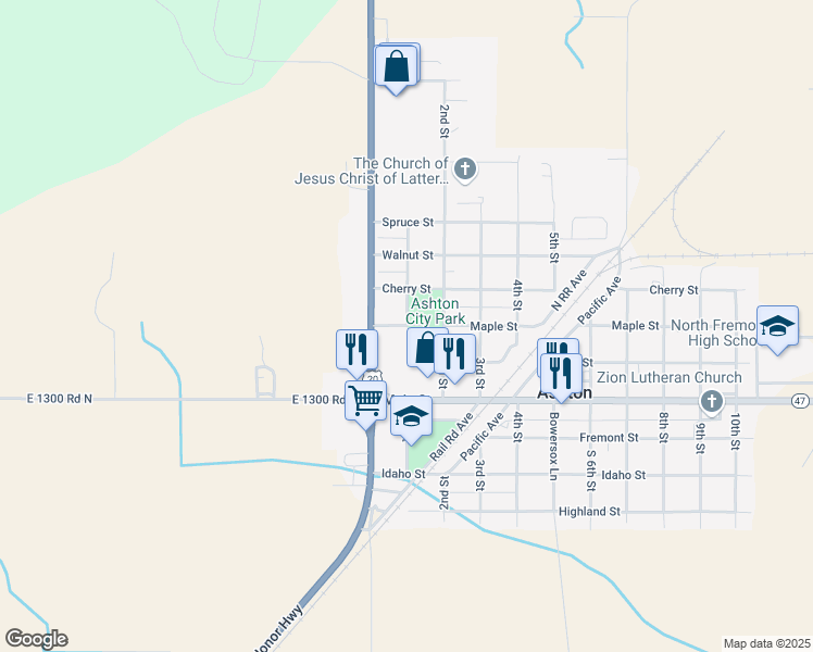 map of restaurants, bars, coffee shops, grocery stores, and more near 1st Street in Ashton