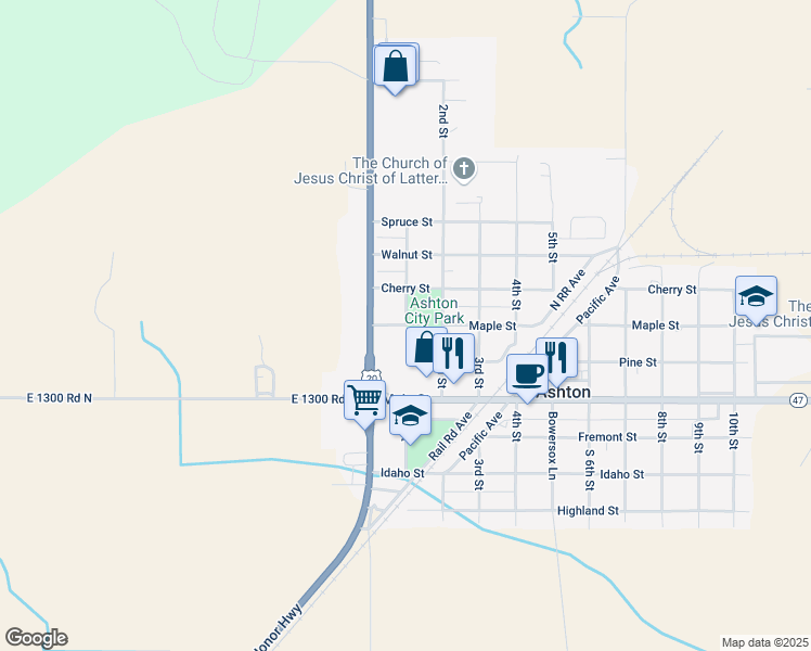 map of restaurants, bars, coffee shops, grocery stores, and more near 1st Street in Ashton