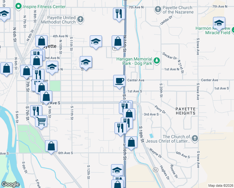 map of restaurants, bars, coffee shops, grocery stores, and more near 1437 2nd Avenue South in Payette
