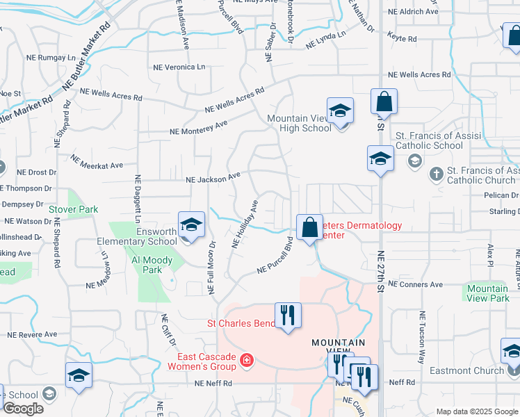 map of restaurants, bars, coffee shops, grocery stores, and more near 2316 Northeast Holliday Avenue in Bend