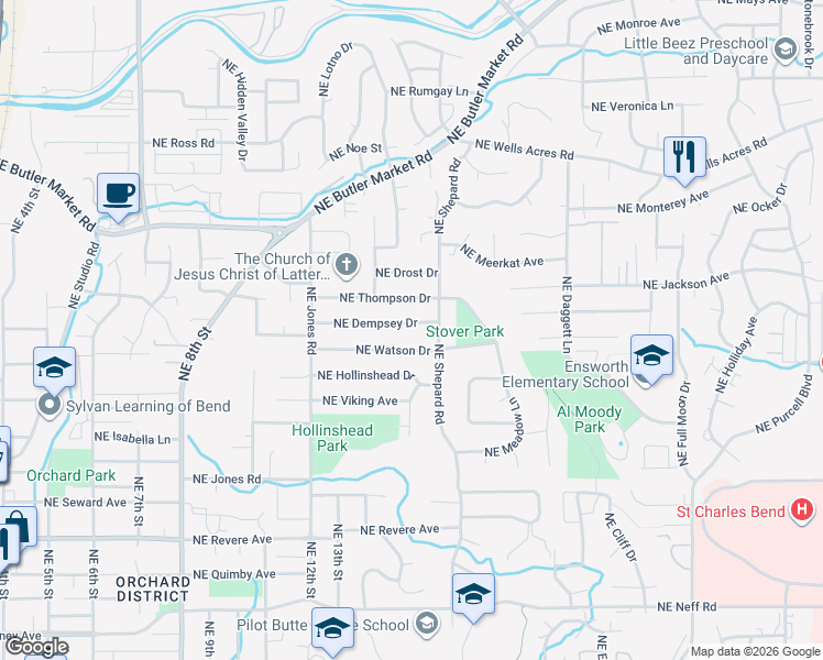 map of restaurants, bars, coffee shops, grocery stores, and more near 1333 Northeast Dempsey Drive in Bend