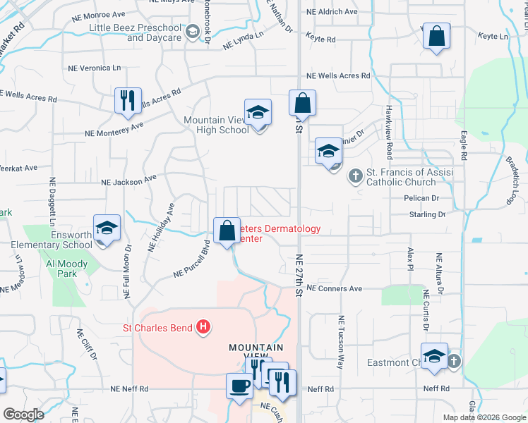 map of restaurants, bars, coffee shops, grocery stores, and more near 2531 Northeast Wintergreen Drive in Bend