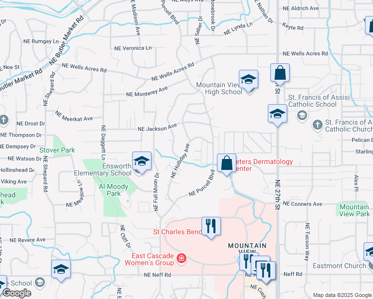map of restaurants, bars, coffee shops, grocery stores, and more near 2305 Northeast Holliday Avenue in Bend