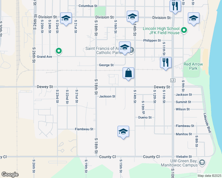 map of restaurants, bars, coffee shops, grocery stores, and more near 2119 South 16th Street in Manitowoc