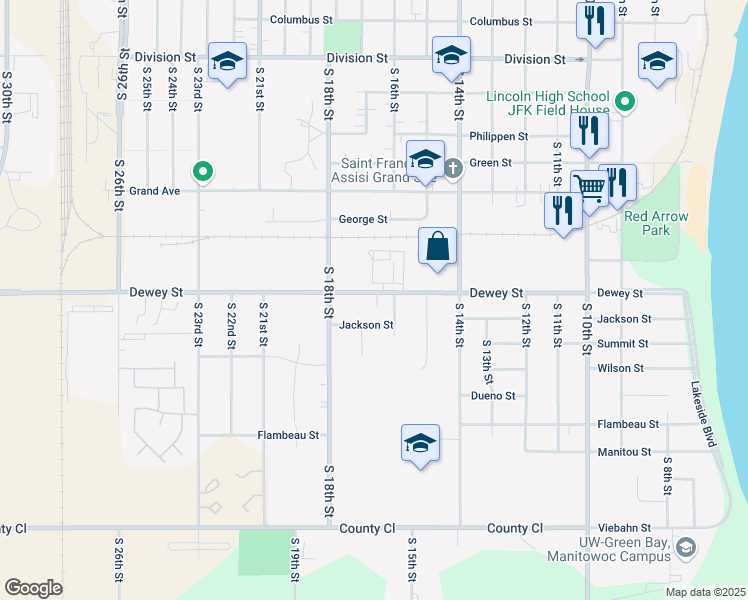 map of restaurants, bars, coffee shops, grocery stores, and more near 1700 Jackson Street in Manitowoc