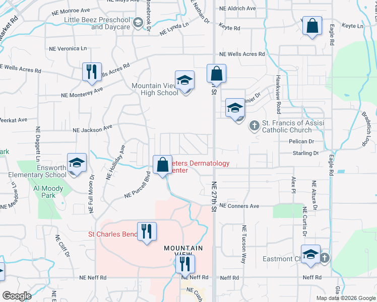 map of restaurants, bars, coffee shops, grocery stores, and more near 2531 Northeast Wintergreen Drive in Bend