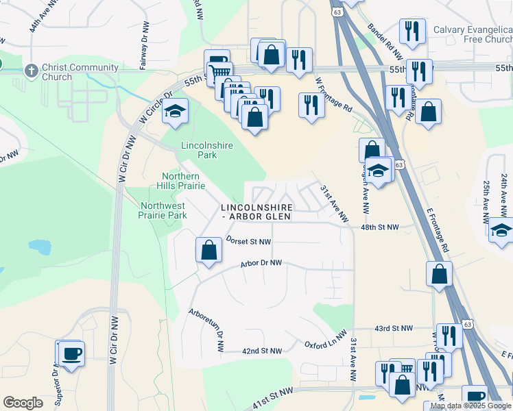 map of restaurants, bars, coffee shops, grocery stores, and more near 4801 36th Avenue Northwest in Rochester