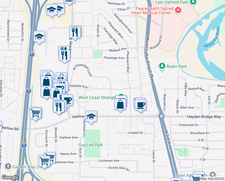 map of restaurants, bars, coffee shops, grocery stores, and more near 2793 South Cloverleaf Loop in Springfield