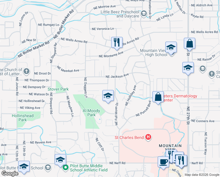map of restaurants, bars, coffee shops, grocery stores, and more near 2368 Northeast Shadow Brook Place in Bend