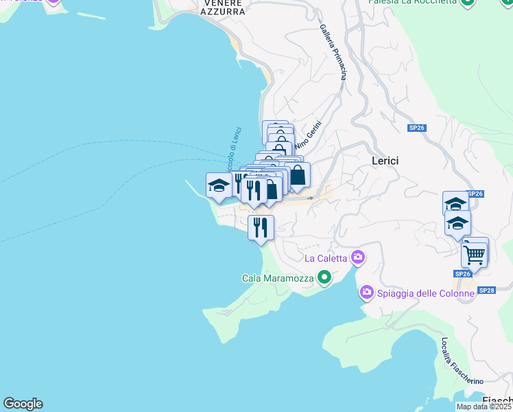 map of restaurants, bars, coffee shops, grocery stores, and more near 16 Piazza Poggio in Lerici