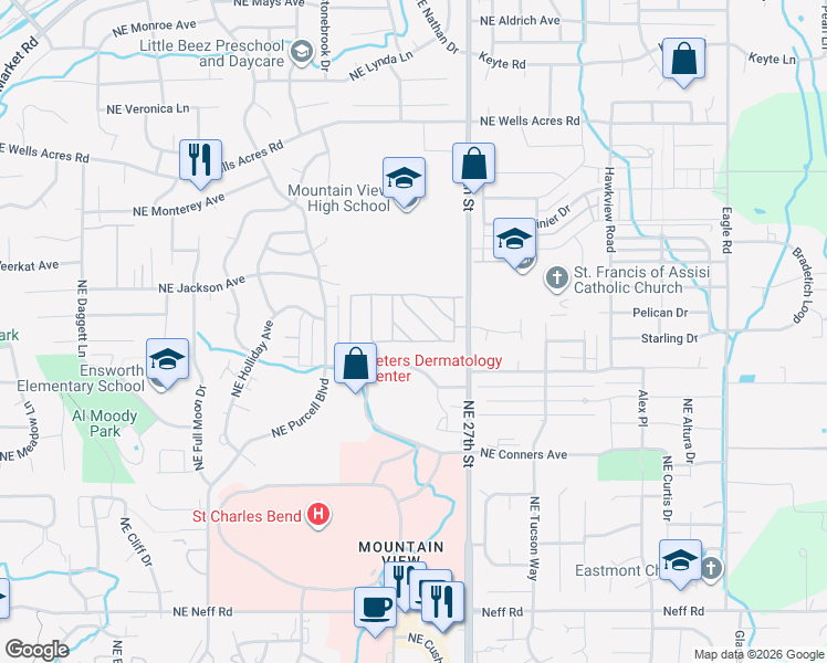 map of restaurants, bars, coffee shops, grocery stores, and more near 2394 Northeast Crocus Way in Bend