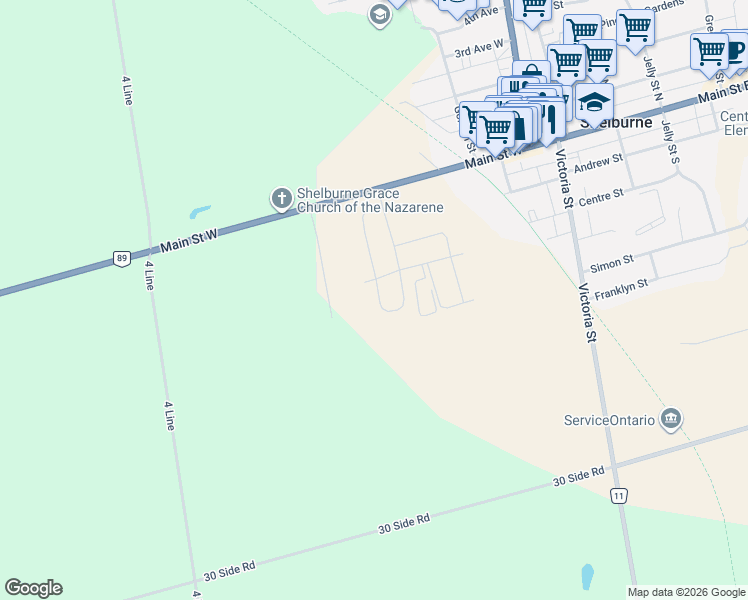 map of restaurants, bars, coffee shops, grocery stores, and more near 205-259 Main Street in Shelburne