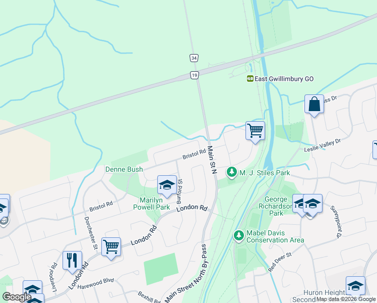 map of restaurants, bars, coffee shops, grocery stores, and more near 513 Bristol Road in Newmarket