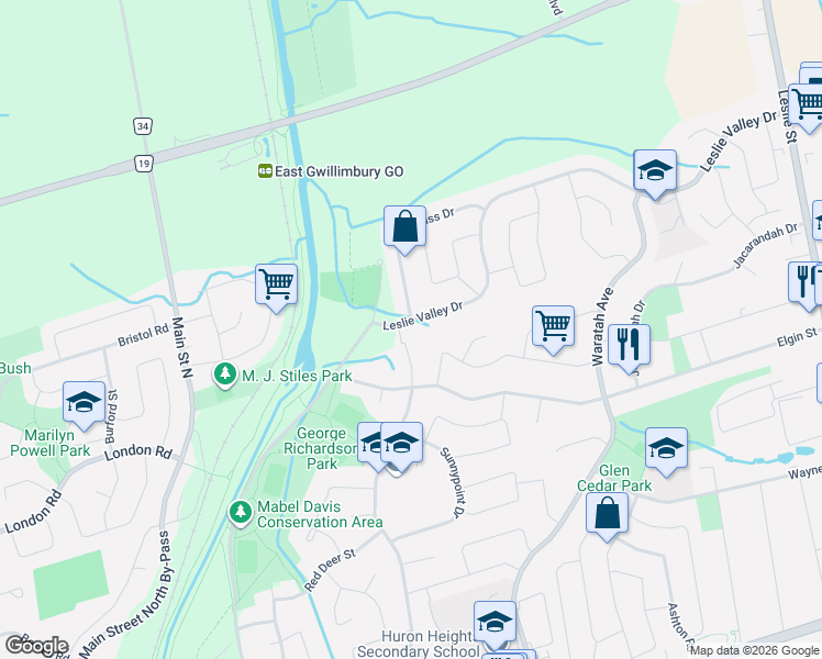map of restaurants, bars, coffee shops, grocery stores, and more near 670 Leslie Valley Drive in Newmarket