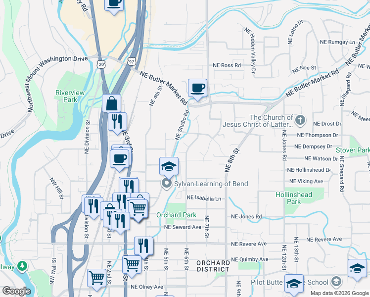 map of restaurants, bars, coffee shops, grocery stores, and more near 2431 Northeast 6th Street in Bend