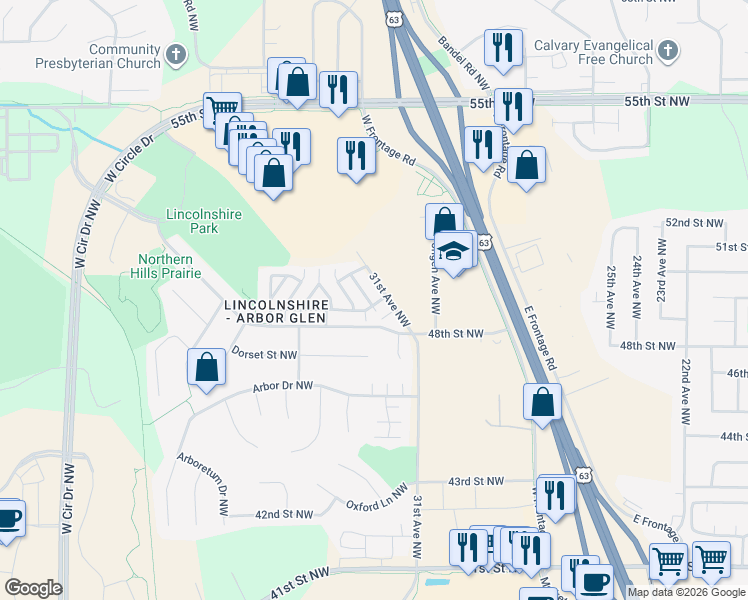 map of restaurants, bars, coffee shops, grocery stores, and more near 4906 32nd Avenue Northwest in Rochester