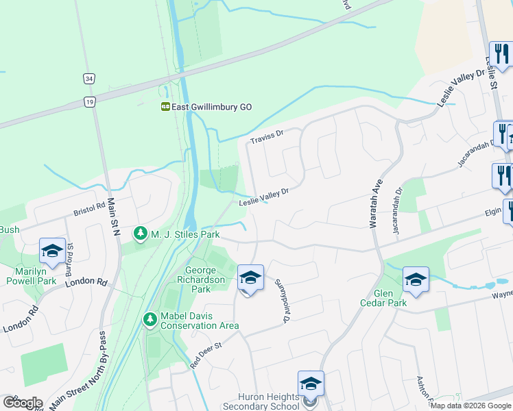 map of restaurants, bars, coffee shops, grocery stores, and more near 670 Leslie Valley Drive in Newmarket