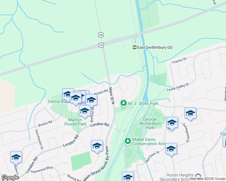 map of restaurants, bars, coffee shops, grocery stores, and more near 560 Bristol Road in Newmarket