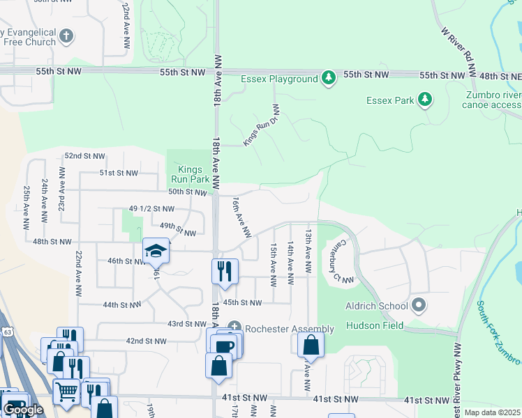 map of restaurants, bars, coffee shops, grocery stores, and more near 1530 50th Street Northwest in Rochester