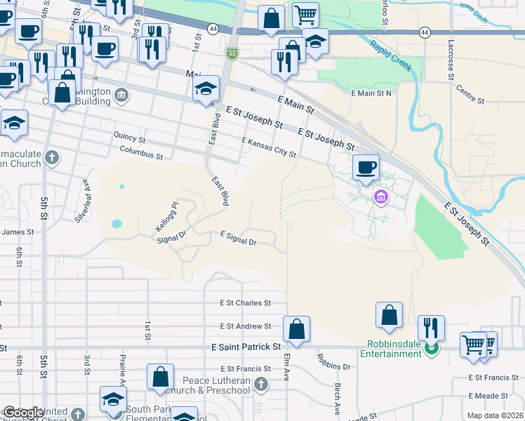 map of restaurants, bars, coffee shops, grocery stores, and more near 128 Crescent Drive in Rapid City