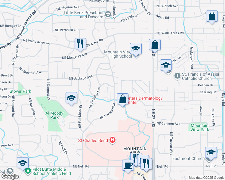 map of restaurants, bars, coffee shops, grocery stores, and more near 2532 Northeast Purcell Boulevard in Bend