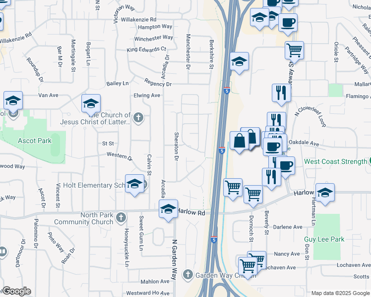 map of restaurants, bars, coffee shops, grocery stores, and more near 3700 Babcock Lane in Eugene