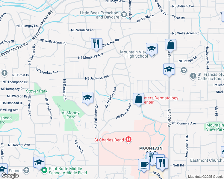 map of restaurants, bars, coffee shops, grocery stores, and more near 2305 Northeast Holliday Avenue in Bend