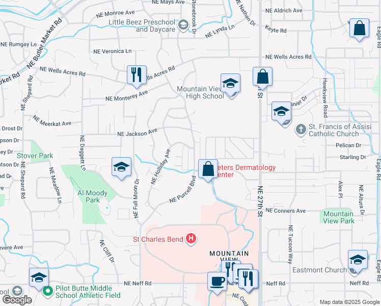 map of restaurants, bars, coffee shops, grocery stores, and more near 2532 Northeast Purcell Boulevard in Bend
