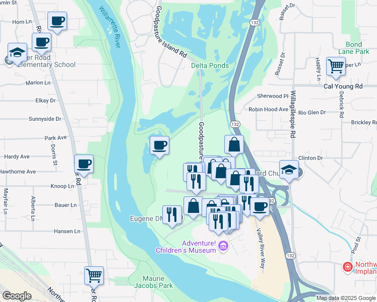 map of restaurants, bars, coffee shops, grocery stores, and more near 373 Goodpasture Island Road in Eugene