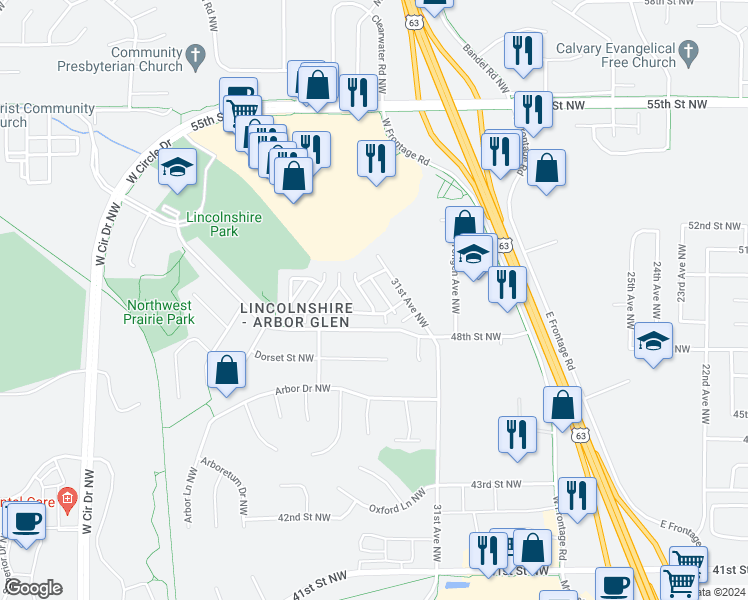 map of restaurants, bars, coffee shops, grocery stores, and more near 4916 33rd Avenue Northwest in Rochester