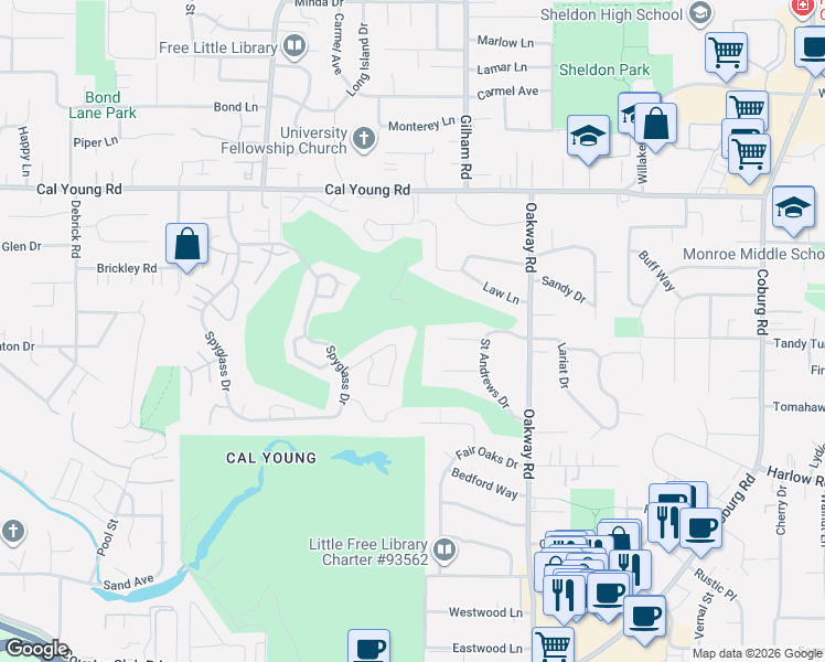 map of restaurants, bars, coffee shops, grocery stores, and more near 863 Fairway View Drive in Eugene
