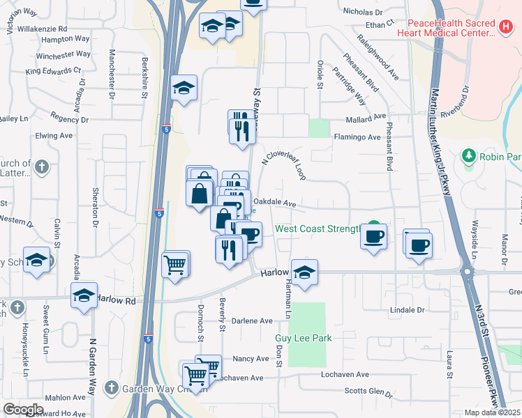 map of restaurants, bars, coffee shops, grocery stores, and more near 2727 Gateway Street in Springfield